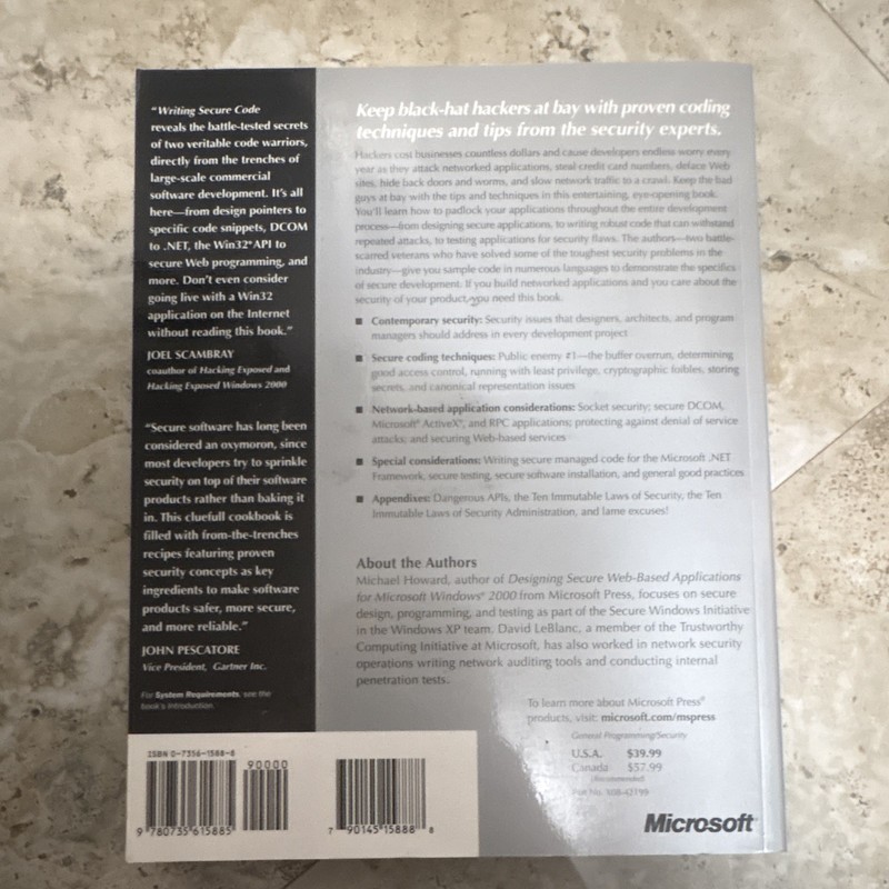 Microsoft Press Writing Secure Code 1st Ed PB Howard LeBlanc Best Practices gallery
