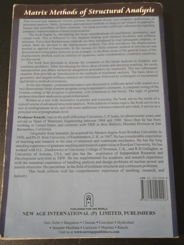 ​Matrix Methods of Structural Analysis by Madhu B. Kanchi (Second Edition) gallery