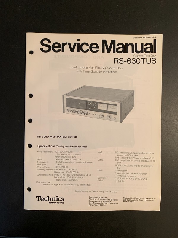 Technics RS-630TUS HIFI Cassette Deck ORIGINAL Service Manual