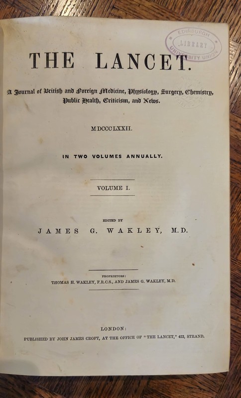 1872 Volume #1 of "The Lancet" medical journal, leather bound gallery