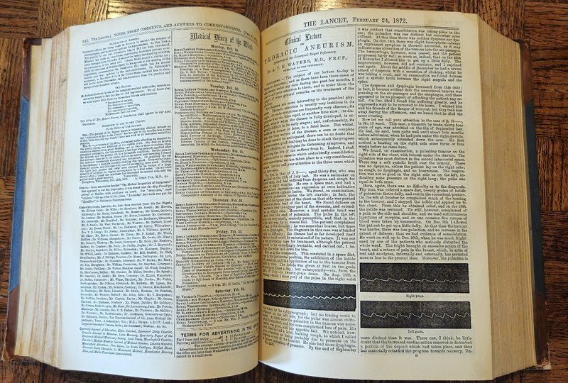 1872 Volume #1 of "The Lancet" medical journal, leather bound gallery