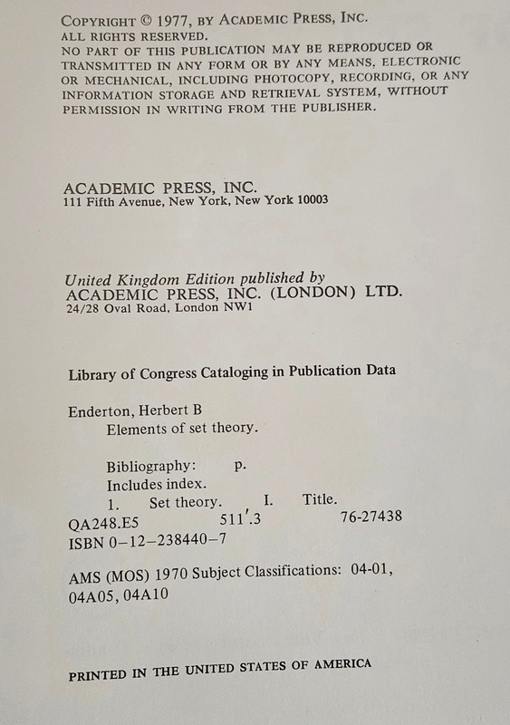 Elements of Set Theory by Herbert B. Enderton, UCLA, Academic Press gallery